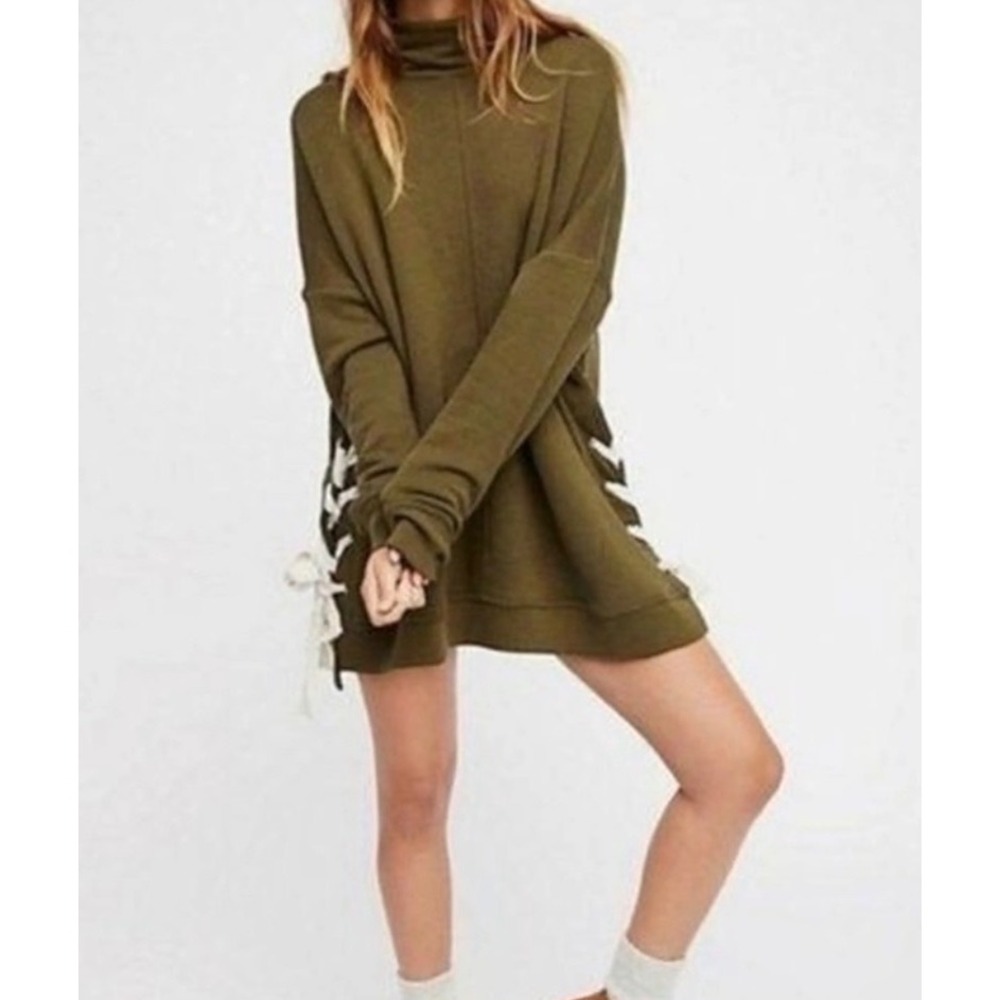 Free People Olive Green Lace Up Side Oversized Turtleneck Sweatshirt Dress